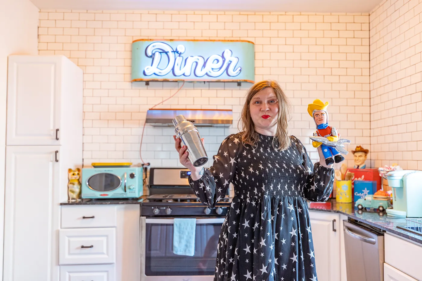 Retro kitchen at Buck's Cosmic Crash Pad on Route 66 - Route 66 AirBNB in Tulsa, Oklahoma