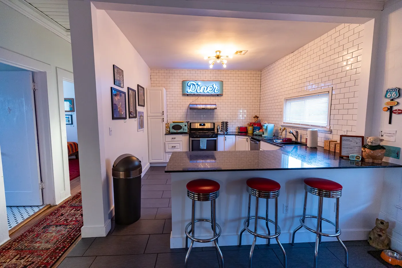 Retro kitchen at Buck's Cosmic Crash Pad on Route 66 - Route 66 AirBNB in Tulsa, Oklahoma