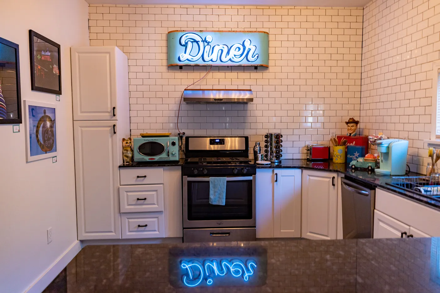 Retro kitchen at Buck's Cosmic Crash Pad on Route 66 - Route 66 AirBNB in Tulsa, Oklahoma