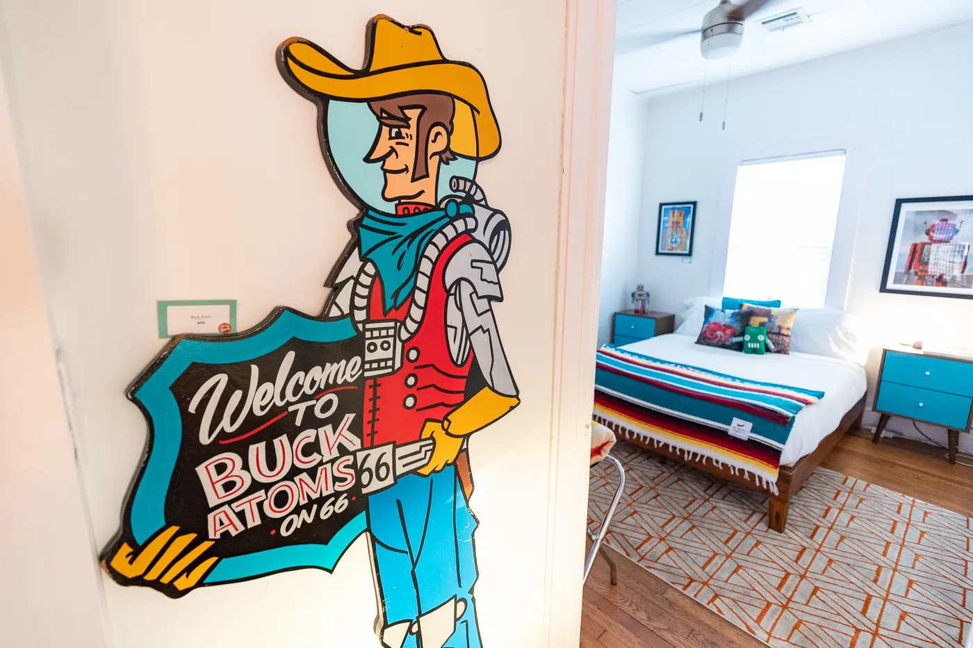 Sign for Welcome to Buck's Cosmic Crash Pad on Route 66 - Route 66 AirBNB in Tulsa, Oklahoma