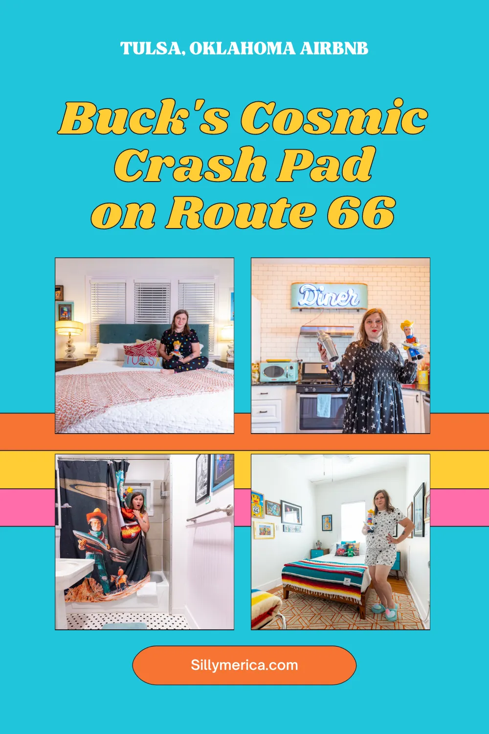 Are you looking for a unique place to stay on Route 66? The answer might just be written in the stars. Or, at least in Tulsa, Oklahoma. A stay at Buck's Cosmic Crash Pad on Route 66 will leave you feeling over the moon. This Tulsa, Oklahoma AirBNB is a must stay on a Route 66 road trip.  #RoadTrips #RoadTripStop #Route66 #Route66RoadTrip #OklahomaRoute66 #Oklahoma #OklahomaRoadTrip #OklahomaRoadsideAttractions #RoadsideAttractions #RoadsideAttraction #RoadsideAmerica #RoadTrip #TulsaAirbnb