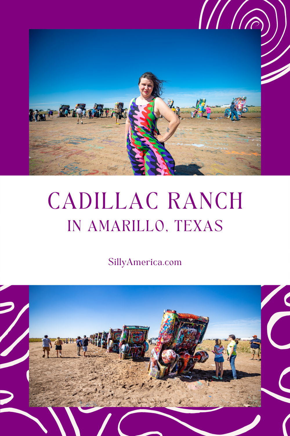 You won’t find these Cadillacs cruising down the street but you will find them on one of the most famous streets in America. It's one of the most recognizable Texas roadside attractions on Route 66: Cadillac Ranch in Amarillo, Texas. #Route66 #Route66RoadTrip  #TexasRoadsideAttractions #TexasRoadsideAttraction #RoadsideAttractions #RoadsideAttraction #RoadTrip #TexasRoadTrip  #TexasRoadTripBucketLists #TexasBucketList #TexasRoadTripIdeas #TexasRoadTripWithKids #TexasRoadTripItinerary 