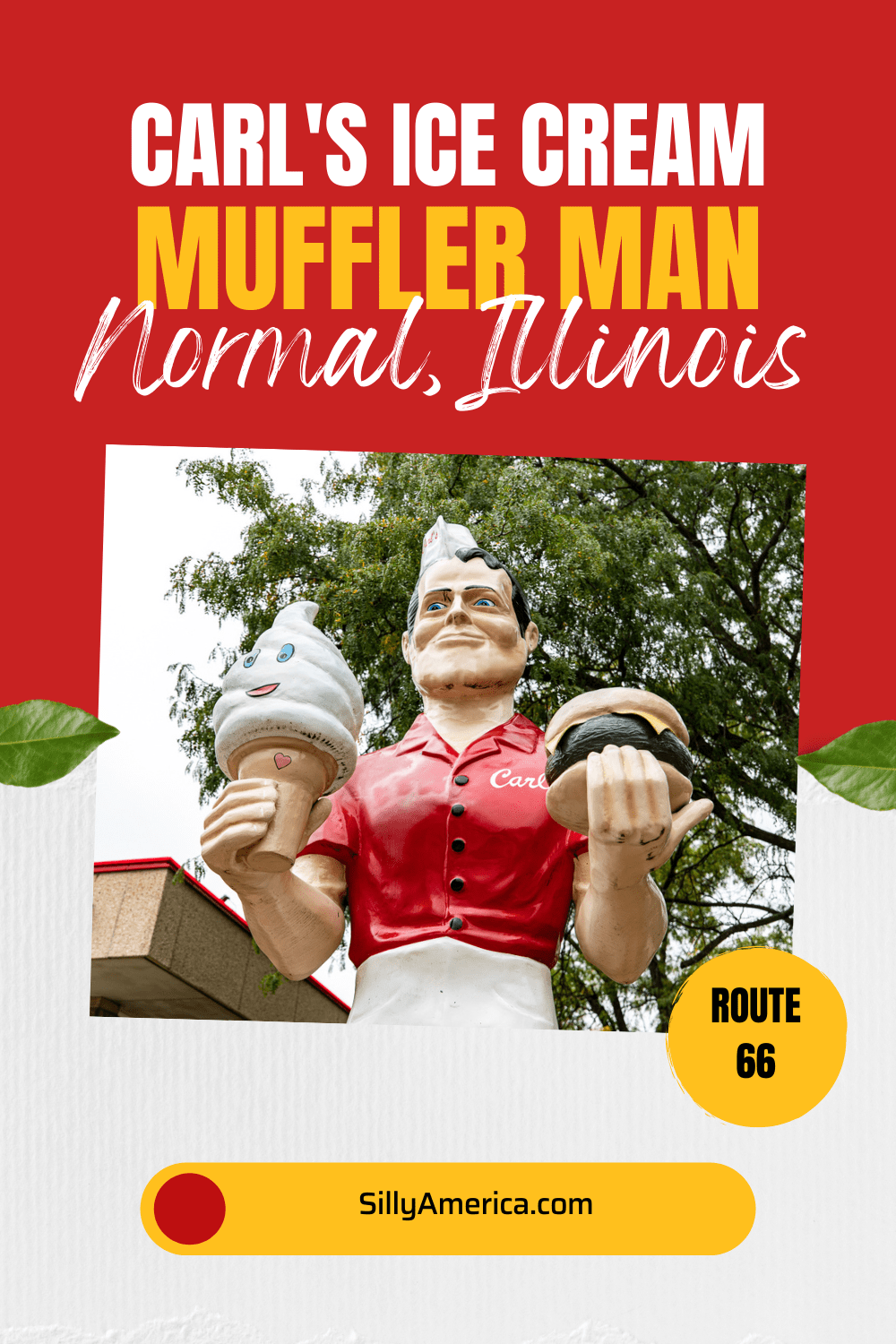 The Carl’s Ice Cream Muffler Man in Normal, Illinois, is a 15-foot tall version of the classic muffler man roadside attraction made by International Fiberglass. This wasn’t made by International Fiberglass. It was made by Virginia fiberglass artist Mark Cline, of Enchanted Castle Studios.   #RoadTrips #RoadTripStop #Route66 #Route66RoadTrip #OklahomaRoute66 #Oklahoma #OklahomaRoadTrip #OklahomaRoadsideAttractions #RoadsideAttractions #RoadsideAttraction #RoadsideAmerica #RoadTrip #MufflerMan