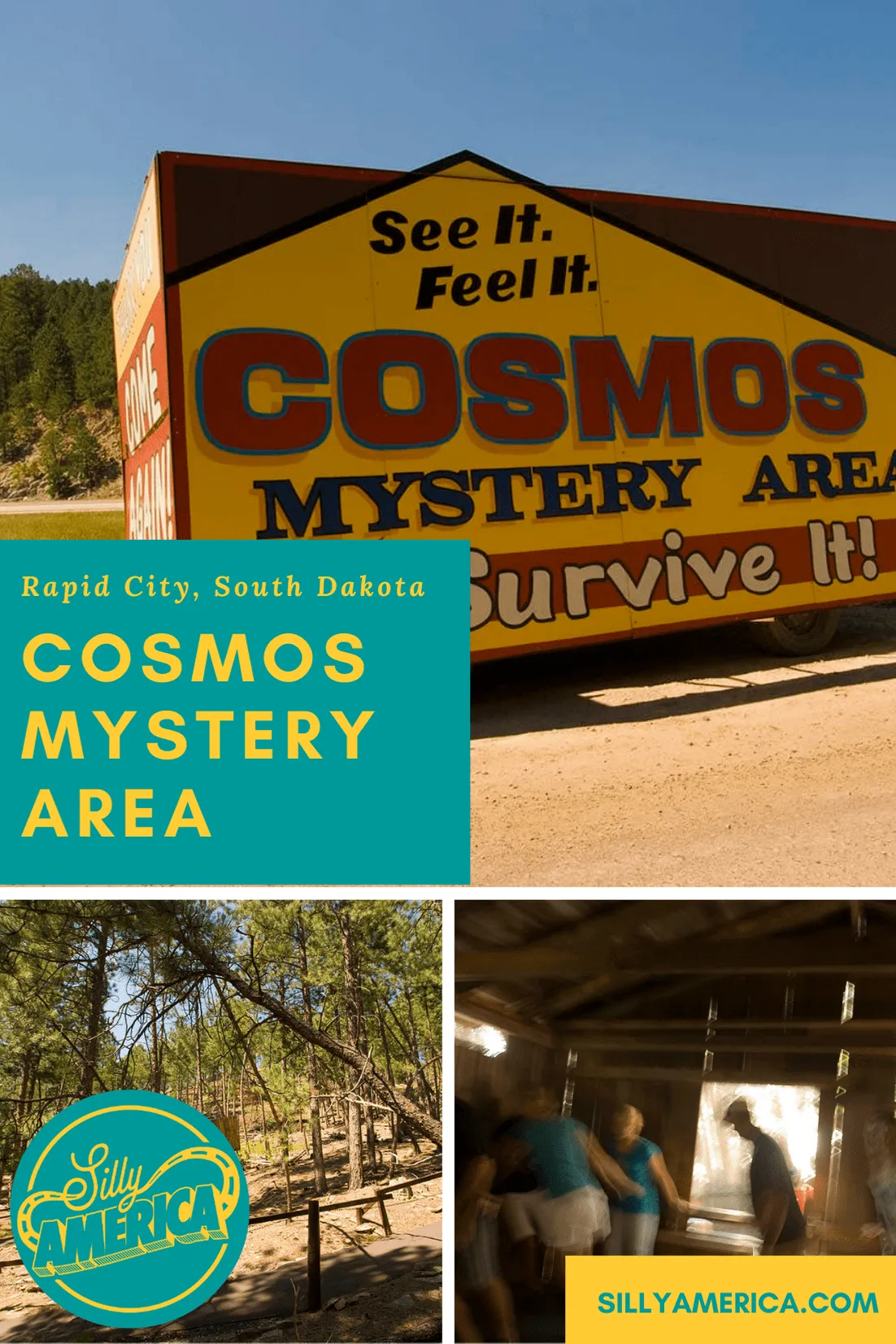 Cosmos Mystery Area in Rapid City, South Dakota is a phenomenon of a place where gravity and the laws of nature go out the window. Watch water flow and balls roll up a ledge. Switch places with a friend and magically grow. Walk dizzily through a house not knowing up from down. Stand sideways on a wall. See it all on a tour of this South Dakota roadside attraction. #SouthDakotaRoadsideAttractions #SouthDakotaRoadsideAttraction #RoadsideAttractions #RoadsideAttraction  #SouthDakotaRoadTrip