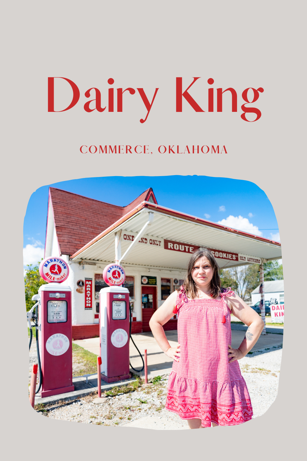You can’t travel Route 66 without stopping at the Dairy King in Commerce, Oklahoma for some ice cream and a famous Route 66 cookie.  While they will no longer fill up your tank at the Dairy King, they will fill up your belly. Stop in for a burger, a milkshake, a banana split, and a Route 66 cookie shaped like the highway marker shield and are printed with US 66.  #RoadTripStop #Route66 #Route66RoadTrip #OklahomaRoute66 #Oklahoma #OklahomaRoadTrip #OklahomaRoadsideAttractions #RoadTrip