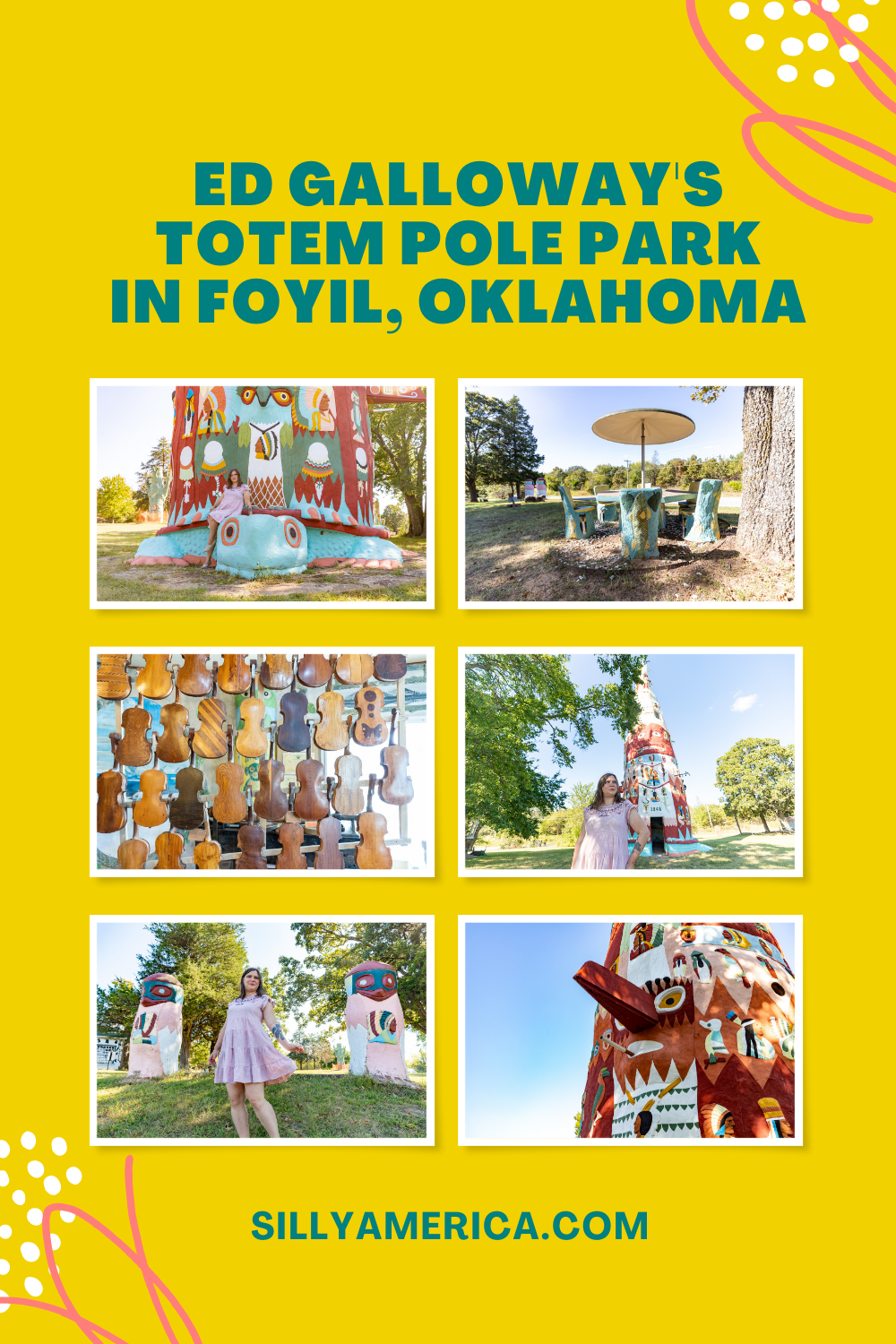 Just a 3.5 mile detour from Route 66 you’ll find this attraction. Known as the "World’s Largest Concrete Totem Pole,” it’s also been described as the oldest and largest example of a folk art environment in Oklahoma: Ed Galloway's Totem Pole Park in Foyil, Oklahoma. Add this Route 66 roadside attraction to your travel itinerary and stop on your Oklahoma road trip.  #Route66 #Route66RoadTrip #OklahomaRoute66 #Oklahoma #OklahomaRoadTrip #OklahomaRoadsideAttractions  #RoadsideAttraction #RoadTrip