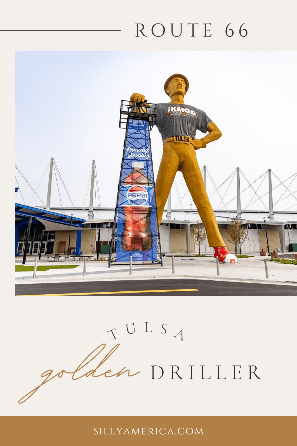 You might call this big man the golden child of roadside attractions. Meet the Golden Driller statue in Tulsa, Oklahoma. The Golden Driller stands at 75-feet tall, weighs 43,500 pounds. Across his belt buckle is a giant printed TULSA. This giant sculpture is a must-see Oklahoma roadside attraction to visit on a Route 66 road trip or Tulsa vacation.  #TULSA #TulsaOklahoma #RoadTripStop  #Oklahoma #OklahomaRoadTrip #RoadsideAttractions #RoadsideAttraction #RoadsideAmerica 