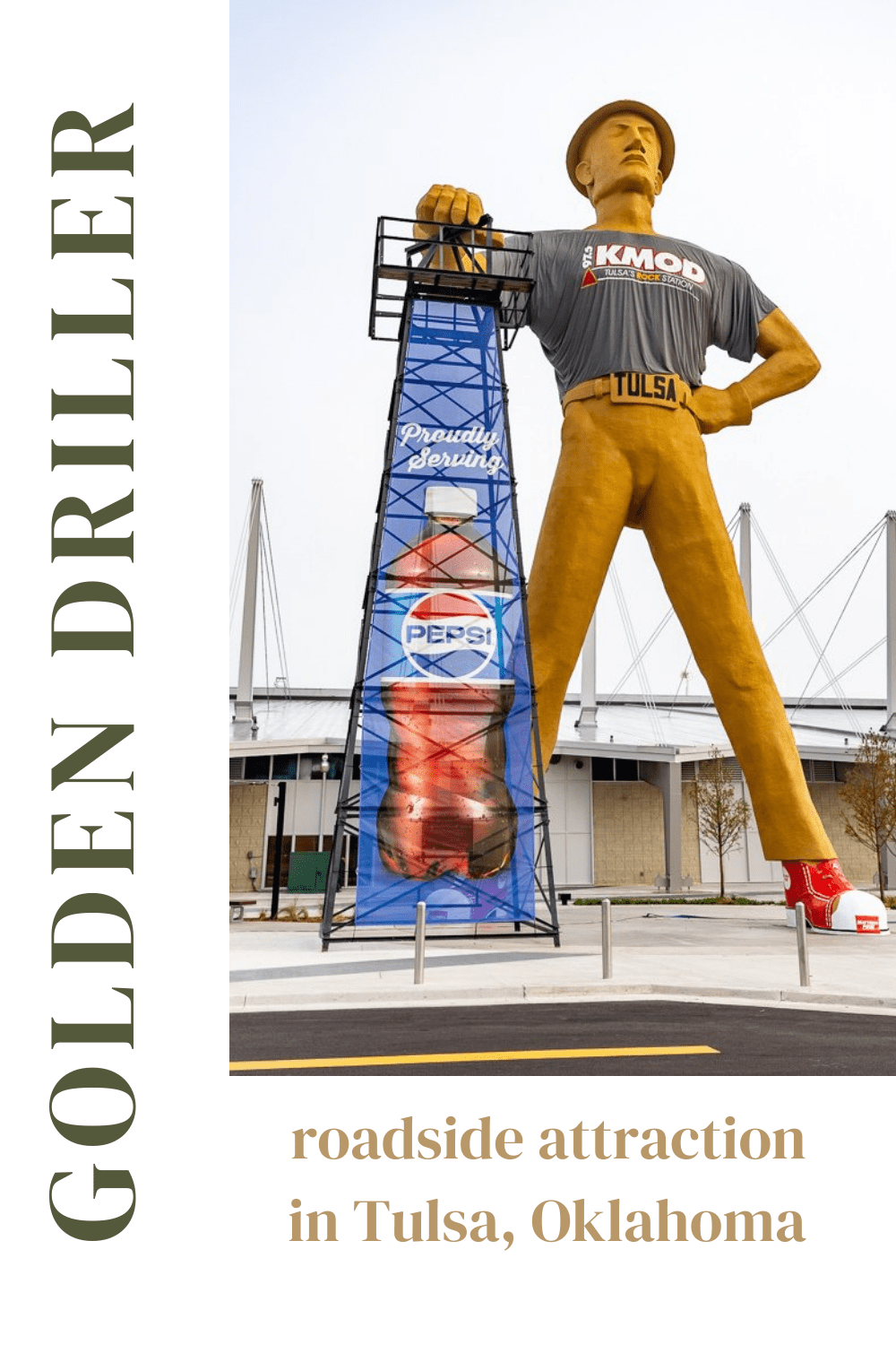 You might call this big man the golden child of roadside attractions. Meet the Golden Driller statue in Tulsa, Oklahoma. The Golden Driller stands at 75-feet tall, weighs 43,500 pounds. Across his belt buckle is a giant printed TULSA. This giant sculpture is a must-see Oklahoma roadside attraction to visit on a Route 66 road trip or Tulsa vacation.  #TULSA #TulsaOklahoma #RoadTripStop  #Oklahoma #OklahomaRoadTrip #RoadsideAttractions #RoadsideAttraction #RoadsideAmerica 