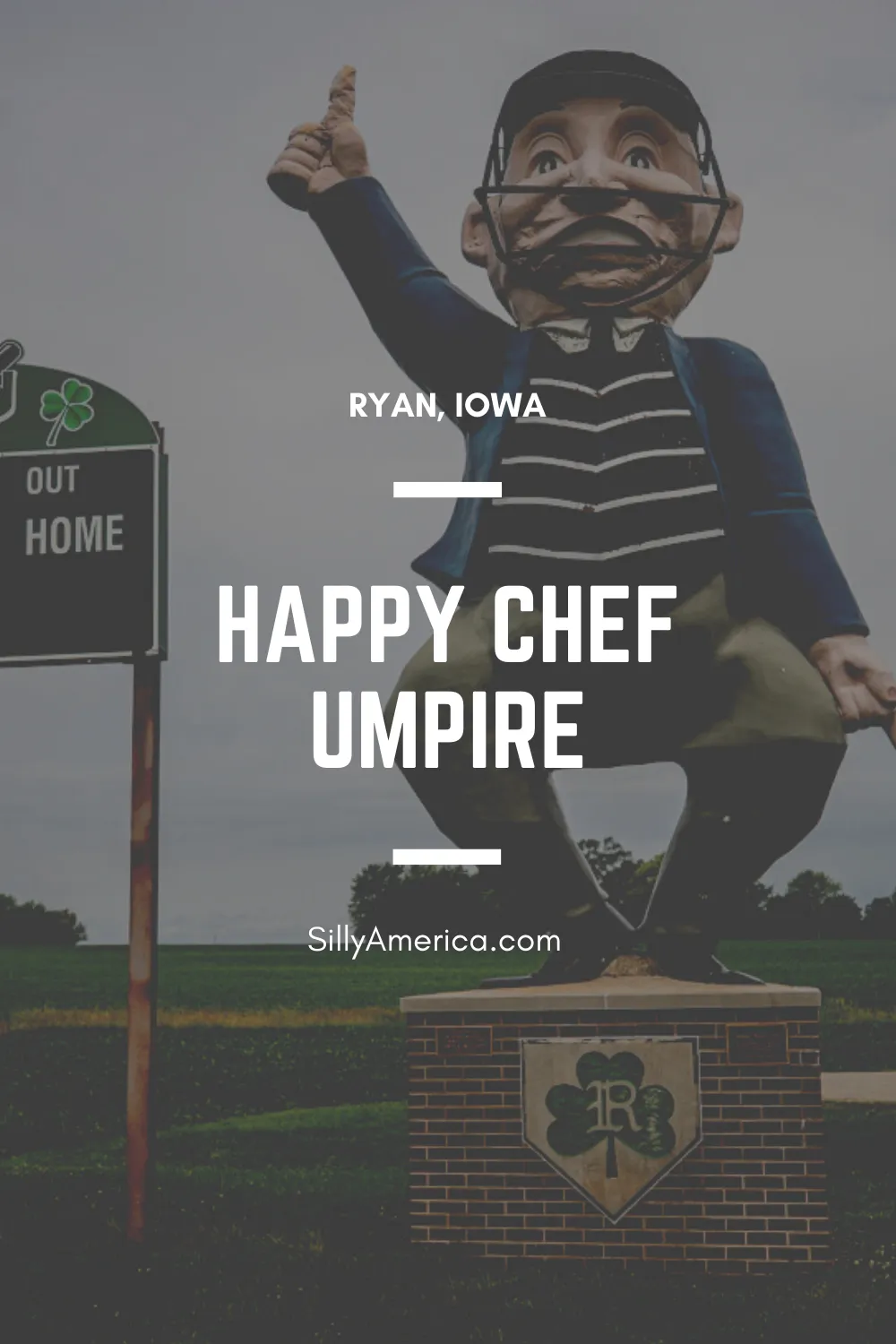 This roadside attraction is a home run. It’s big. It’s fiberglass. It’s repurposed. And it’s wonderful. The Happy Chef Umpire in Ryan, Iowa. Visit this and other Iowa roadside attractions on your next road trip. #IowaRoadsideAttractions #IowaRoadsideAttraction #RoadsideAttractions #RoadsideAttraction #RoadTrip #IowaRoadTrip #IowaThingsToDo #IowaRoadTripBucketLists #IowaBucketList #IowaRoadTripIdeas #IowaTravel
