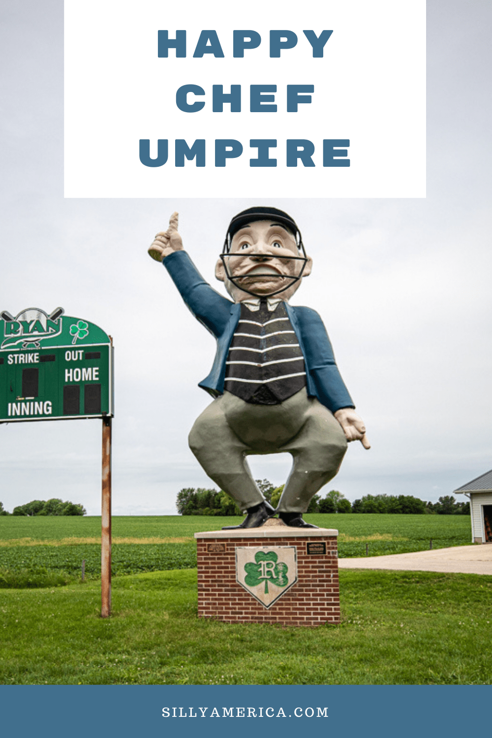 This roadside attraction is a home run. It’s big. It’s fiberglass. It’s repurposed. And it’s wonderful. The Happy Chef Umpire in Ryan, Iowa. Visit this and other Iowa roadside attractions on your next road trip. #IowaRoadsideAttractions #IowaRoadsideAttraction #RoadsideAttractions #RoadsideAttraction #RoadTrip #IowaRoadTrip #IowaThingsToDo #IowaRoadTripBucketLists #IowaBucketList #IowaRoadTripIdeas #IowaTravel