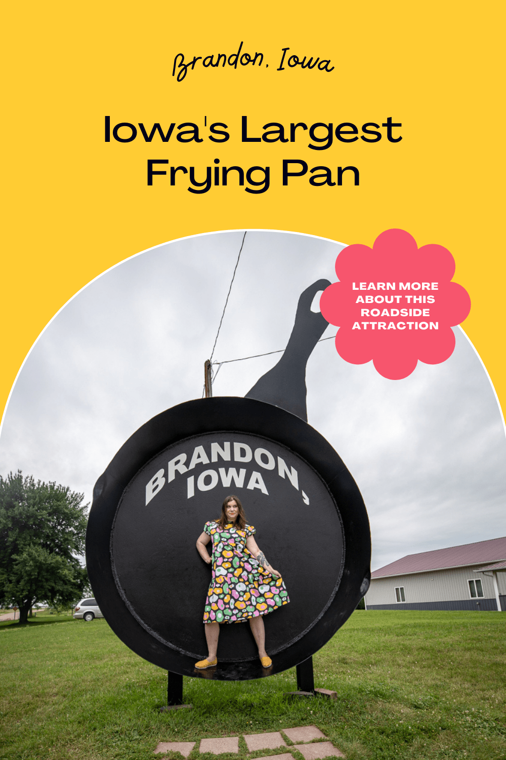 Iowa’s Largest Frying Pan in Brandon, Iowa could cook 528 eggs, 352 pork chops, or 88 pounds of bacon. That’s a lot of bacon! This roadside attraction is a must see stop on an Iowa road trip. Be sure to save room for a Cowboy Breakfast if you travel in September!  #IowaRoadsideAttractions #IowaRoadsideAttraction #RoadsideAttractions #RoadsideAttraction #RoadTrip #IowaRoadTrip #IowaThingsToDo #IowaRoadTripBucketLists #IowaBucketList #IowaRoadTripIdeas #IowaTravel