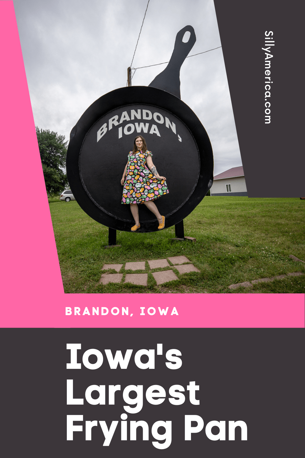 Iowa’s Largest Frying Pan in Brandon, Iowa could cook 528 eggs, 352 pork chops, or 88 pounds of bacon. That’s a lot of bacon! This roadside attraction is a must see stop on an Iowa road trip. Be sure to save room for a Cowboy Breakfast if you travel in September!  #IowaRoadsideAttractions #IowaRoadsideAttraction #RoadsideAttractions #RoadsideAttraction #RoadTrip #IowaRoadTrip #IowaThingsToDo #IowaRoadTripBucketLists #IowaBucketList #IowaRoadTripIdeas #IowaTravel