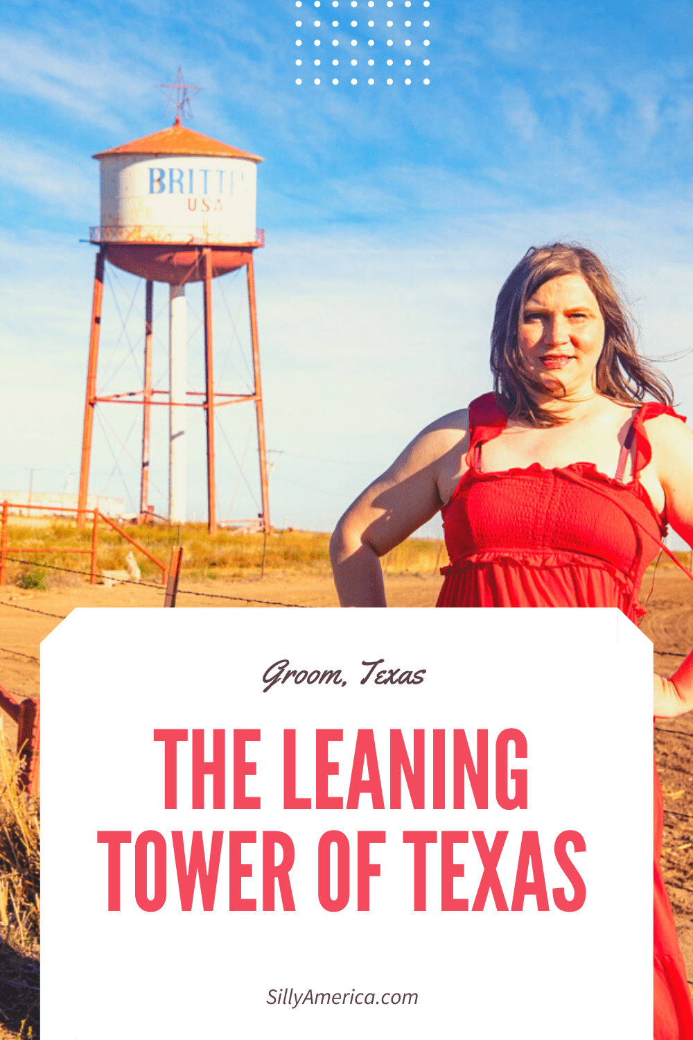 You’ve heard of the Leaning Tower of Pisa...but have you heard of the Leaning Tower of Texas in Groom, Texas? The Leaning Tower of Texas, also known as the Leaning Tower of Britten, is just that: a leaning tower (water tower that is) located, appropriately in Texas. Located along the former Route 66, now US Interstate 40, you can’t miss seeing this odd site from the road.  #Route66 #Route66RoadTrip #Texas #TexasRoadTrip #RoadTrip #RoadsideAttraction #RoadsideAttractions #TexasRoadsideAttraction