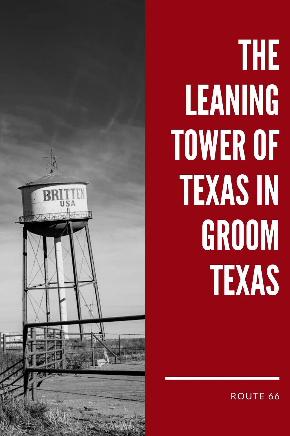 You’ve heard of the Leaning Tower of Pisa...but have you heard of the Leaning Tower of Texas in Groom, Texas? The Leaning Tower of Texas, also known as the Leaning Tower of Britten, is just that: a leaning tower (water tower that is) located, appropriately in Texas. Located along the former Route 66, now US Interstate 40, you can’t miss seeing this odd site from the road.  #Route66 #Route66RoadTrip #Texas #TexasRoadTrip #RoadTrip #RoadsideAttraction #RoadsideAttractions #TexasRoadsideAttraction