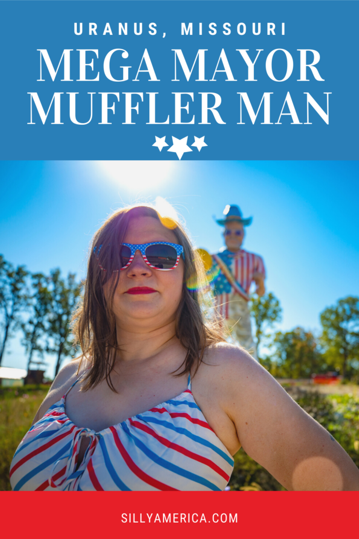 What do you do when you already own one of the weirdest stops on Route 66? Make it more weird! And what better way to do that than by adding a muffler man. Better yet, a custom made muffler man roadside attraction modeled after yourself. Find the Mega Mayor Muffler Man in Uranus, Missouri. Stop on your Route 66 road trip! #Route66 #Route66RoadTrip #MissouriRoute66 #Missouri #MissouriRoadTrip #MissouriRoadsideAttractions #RoadsideAttractions #RoadsideAttraction #RoadsideAmerica #RoadTrip