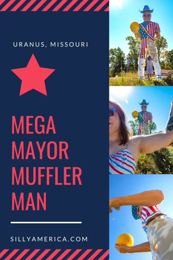 What do you do when you already own one of the weirdest stops on Route 66? Make it more weird! And what better way to do that than by adding a muffler man. Better yet, a custom made muffler man roadside attraction modeled after yourself. Find the Mega Mayor Muffler Man in Uranus, Missouri. Stop on your Route 66 road trip! #Route66 #Route66RoadTrip #MissouriRoute66 #Missouri #MissouriRoadTrip #MissouriRoadsideAttractions #RoadsideAttractions #RoadsideAttraction #RoadsideAmerica #RoadTrip