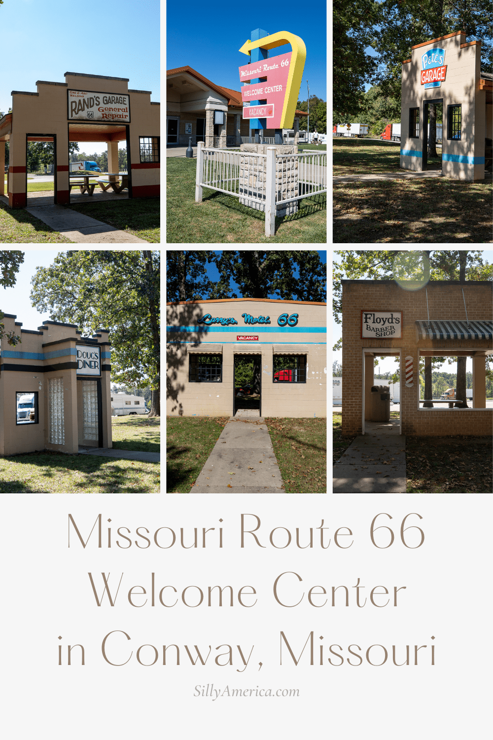 Travel old Route 66 without leaving Missouri...and get some snacks and a bathroom break while you’re there. The Missouri Route 66 Welcome Center in Conway has a definitive theme alongside their amenities. Visit this Route 66 themed rest stop in Missouri on your next road trip.  #RoadTrips #RoadTripStop #Route66 #Route66RoadTrip #MissouriRoute66 #Missouri #MissouriRoadTrip #MissouriRoadsideAttractions #RoadsideAttractions #RoadsideAttraction #RoadsideAmerica #RoadTrip