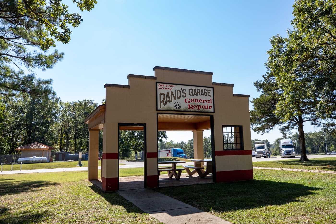 Rand's Garage replica at the Missouri Route 66 Welcome Center in Conway, Missouri - Route 66 themed rest stop in Missouri