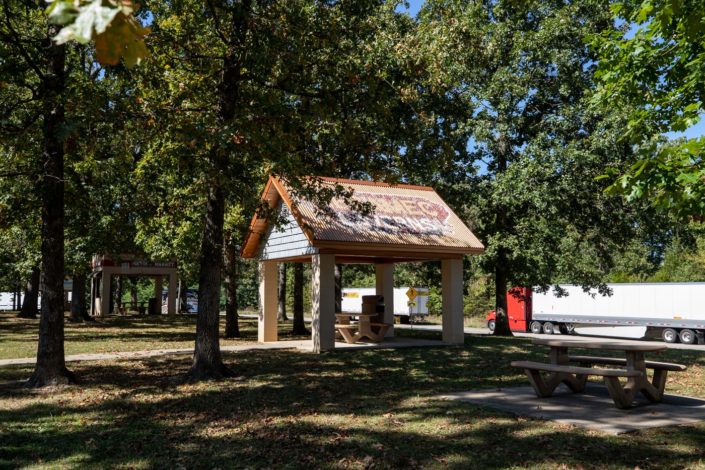 Meramec Caverns Barn replica at the Missouri Route 66 Welcome Center in Conway, Missouri - Route 66 themed rest stop in Missouri