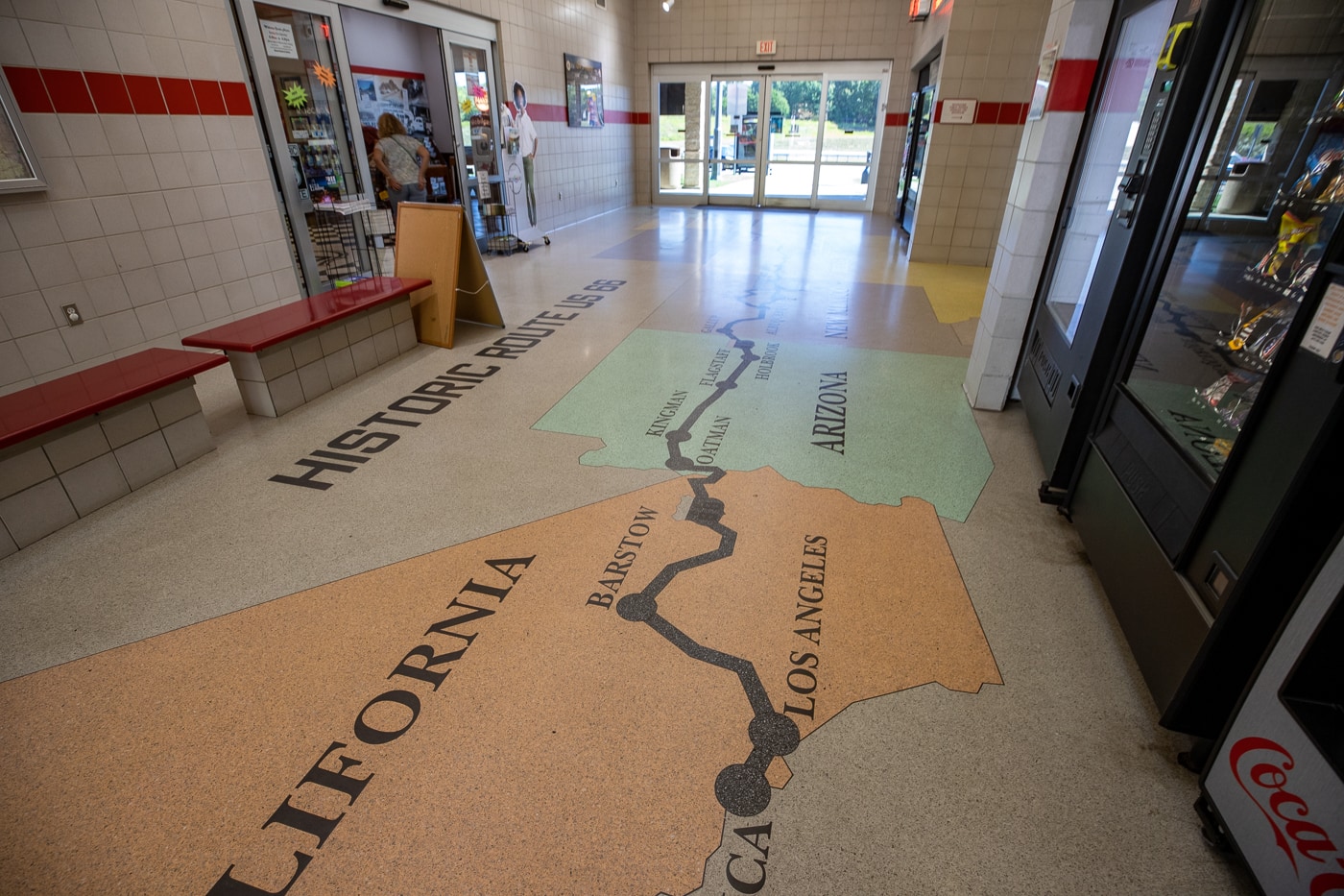 Historic Route 66 map on the flor of the Missouri Route 66 Welcome Center in Conway, Missouri - Route 66 themed rest stop in Missouri