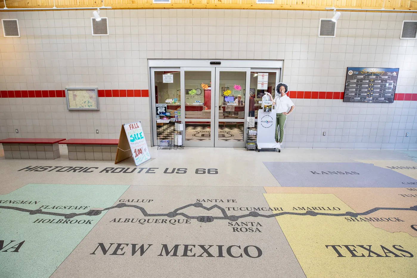 Historic Route 66 map on the flor of the Missouri Route 66 Welcome Center in Conway, Missouri - Route 66 themed rest stop in Missouri