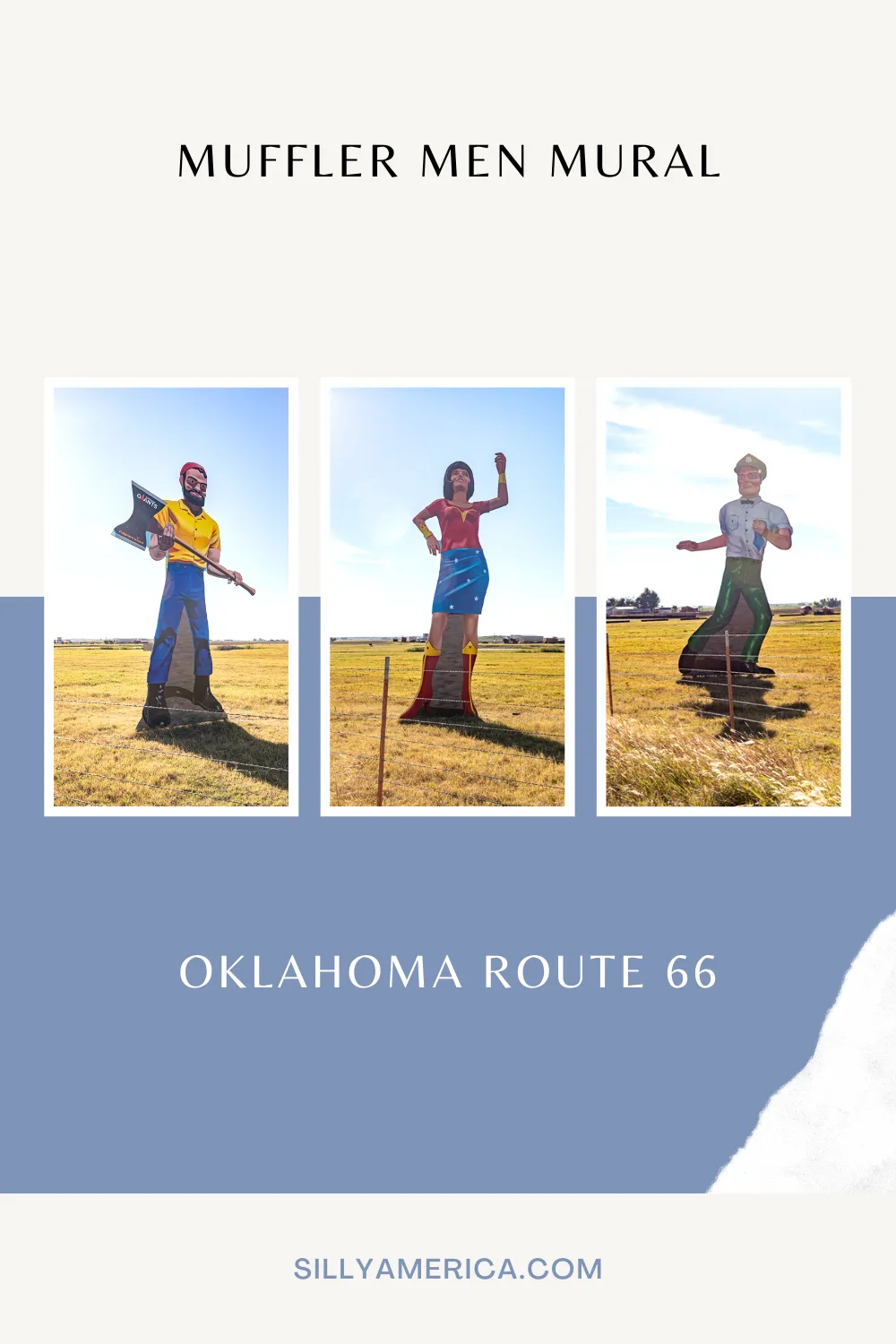 They say life imitates art. But, sometimes, art imitates art. And that’s what you’ll find in Calument, Oklahoma when you see the Muffler Men mural on Route 66. Visit this weird roadside attraction on a Route 66 road trip. A bucket list road trip stop perfect for any travel itinerary.  #RoadTrips #RoadTripStop #Route66 #Route66RoadTrip #OklahomaRoute66 #Oklahoma #OklahomaRoadTrip #OklahomaRoadsideAttractions #RoadsideAttractions #RoadsideAttraction #RoadsideAmerica #RoadTrip