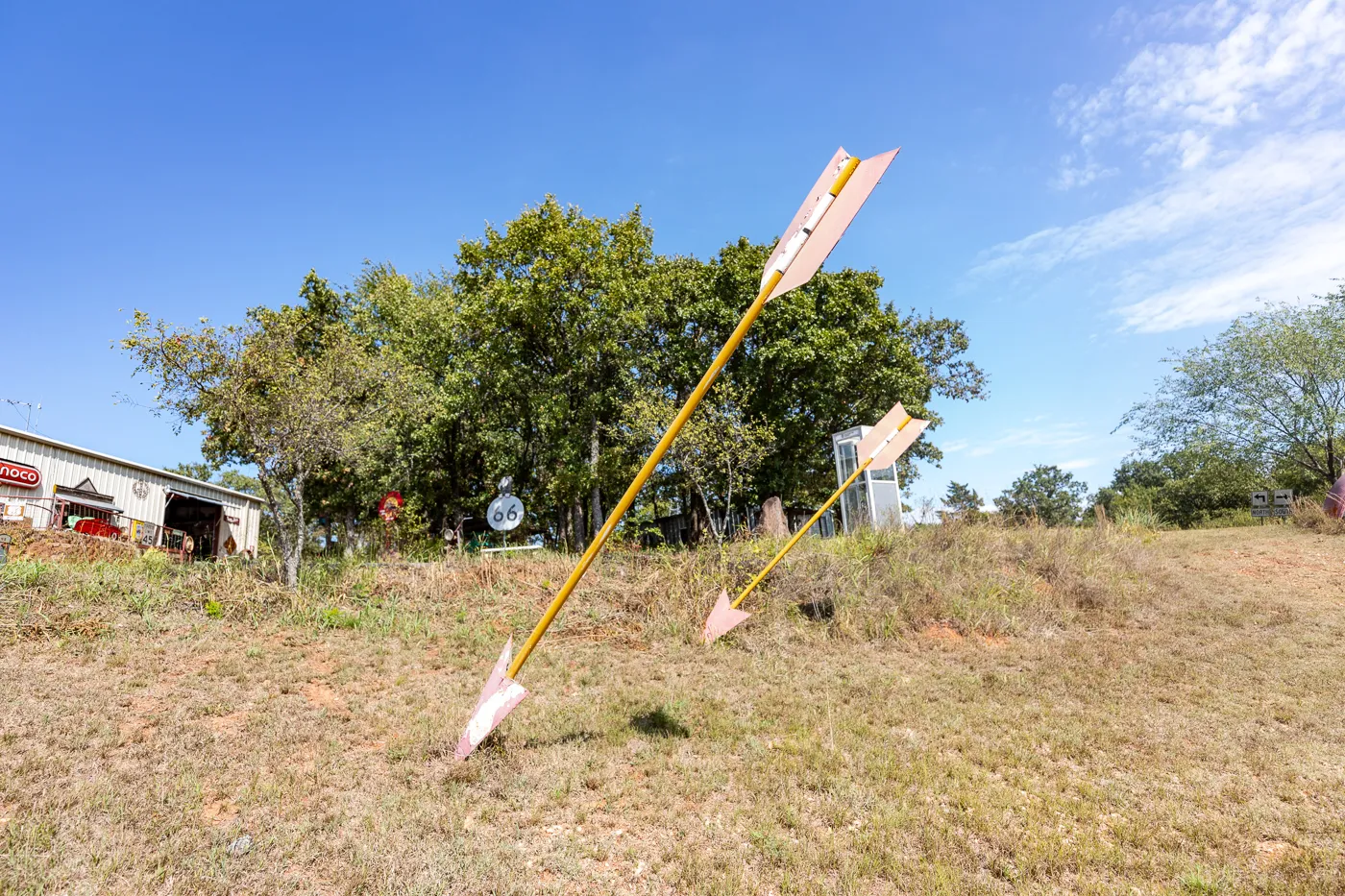 Twin arrows at OK County 66 - John's Place in Arcadia, Oklahoma - reproductions of famous Route 66 roadside attractions