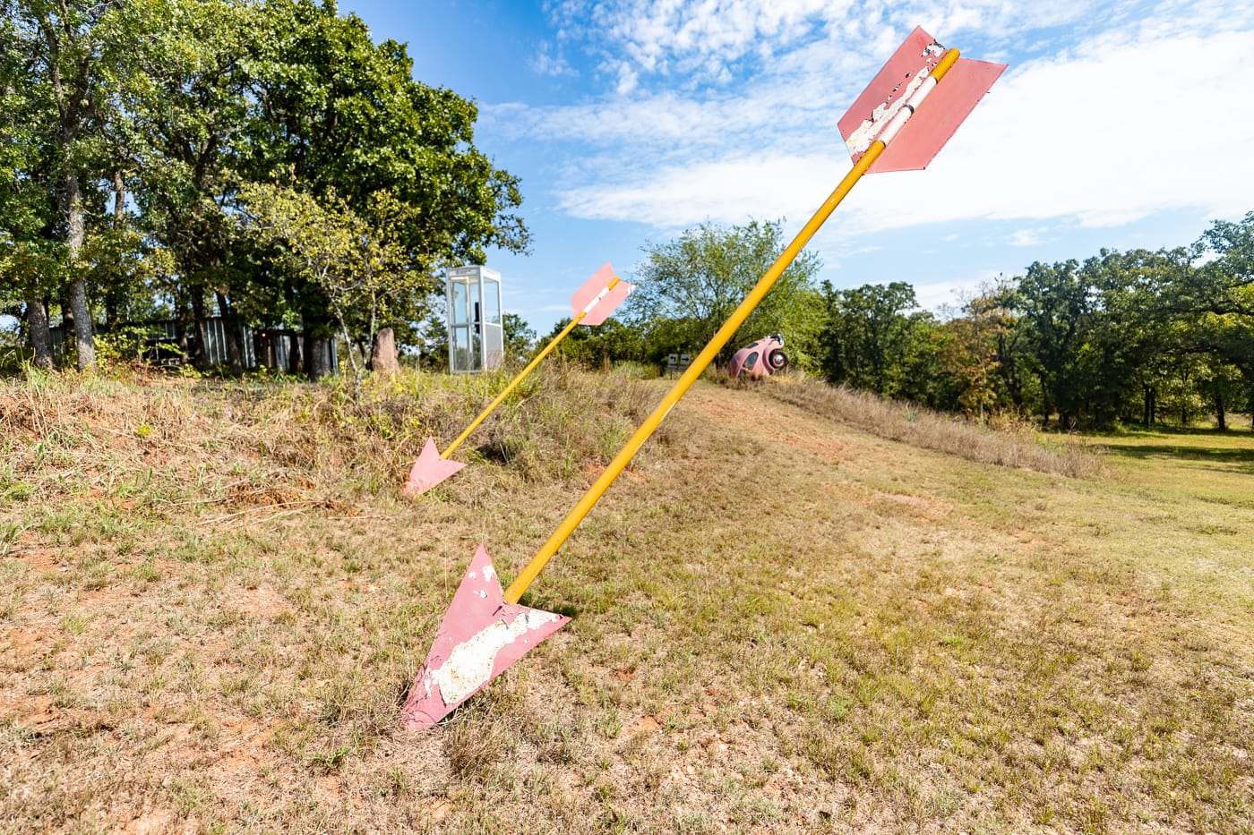 Twin arrows at OK County 66 - John's Place in Arcadia, Oklahoma - reproductions of famous Route 66 roadside attractions