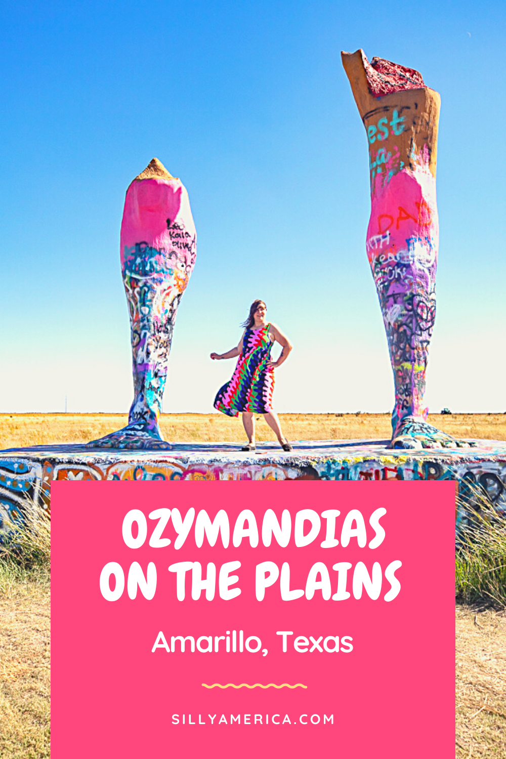 This roadside attraction has a leg up on all the others. Ozymandias on the Plains in Amarillo, Texas is a must see road trip attraction. Though you might just want to call it the Big Legs. Add weird roadside attraction to your travel itinerary and visit on a Route 66 road trip or Texas vacation.  #RoadTrips #RoadTripStop #Route66 #Route66RoadTrip #TexasRoute66 #Texas #TexasRoadTrip #TexasRoadsideAttractions #RoadsideAttractions #RoadsideAttraction #RoadsideAmerica #RoadTrip 