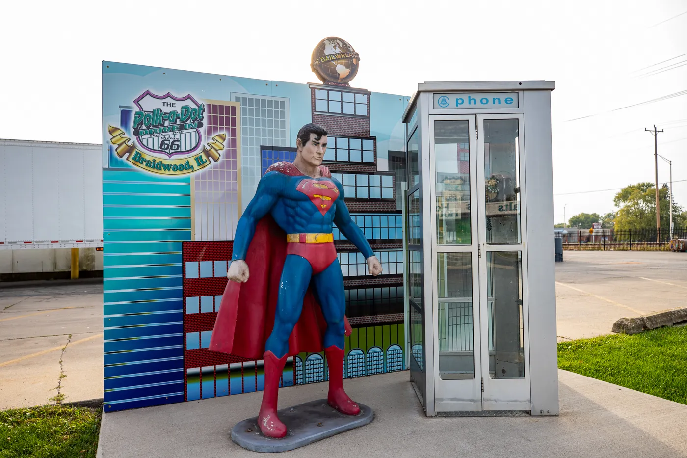 Superman and phone booth photo op at  the Route 66 Polk-a-Dot Drive In in Braidwood, Illinois