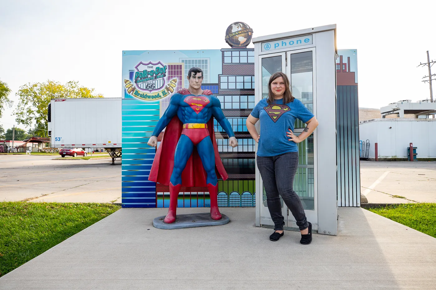 Superman and phone booth photo op at  the Route 66 Polk-a-Dot Drive In in Braidwood, Illinois
