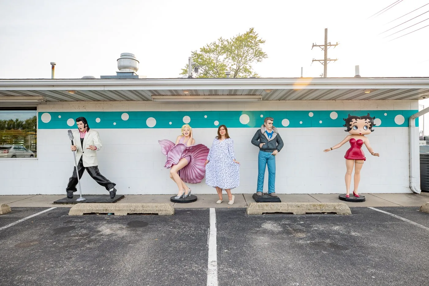 Statues of Elvis, Marilyn Monroe, James Dean, and Betty Boop at the Route 66 Polk-a-Dot Drive In in Braidwood, Illinois