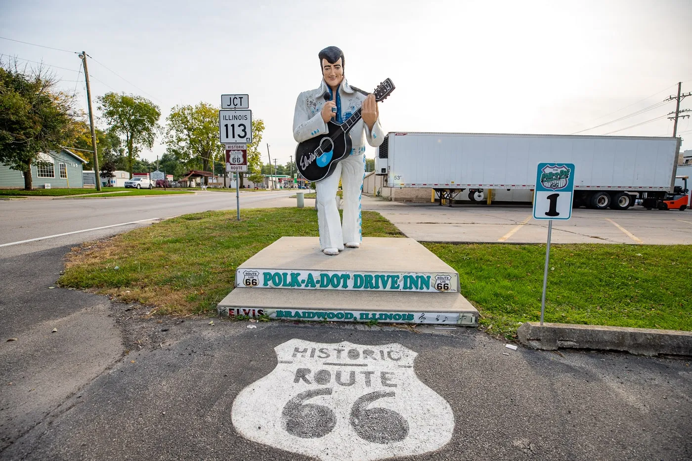 Elvis Statue photo op at the Route 66 Polk-a-Dot Drive In in Braidwood, Illinois