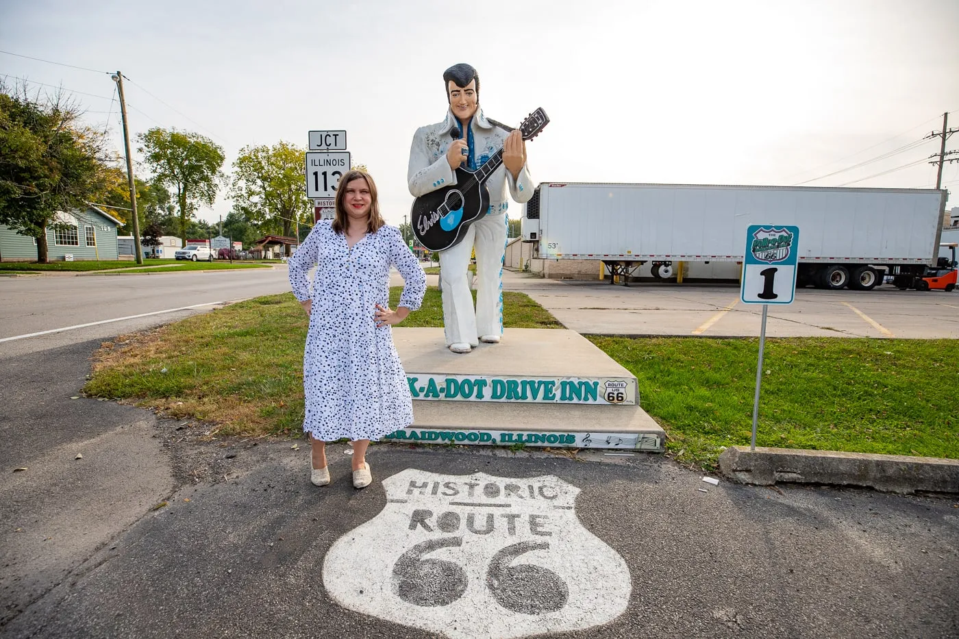 Elvis Statue photo op at the Route 66 Polk-a-Dot Drive In in Braidwood, Illinois