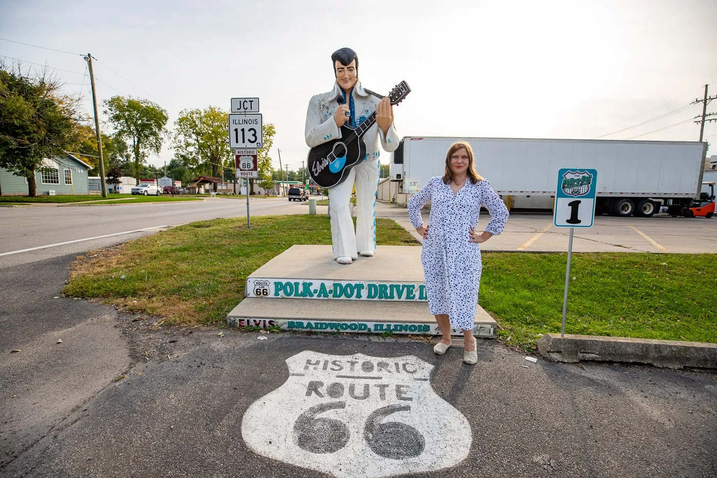 Elvis Statue photo op at the Route 66 Polk-a-Dot Drive In in Braidwood, Illinois