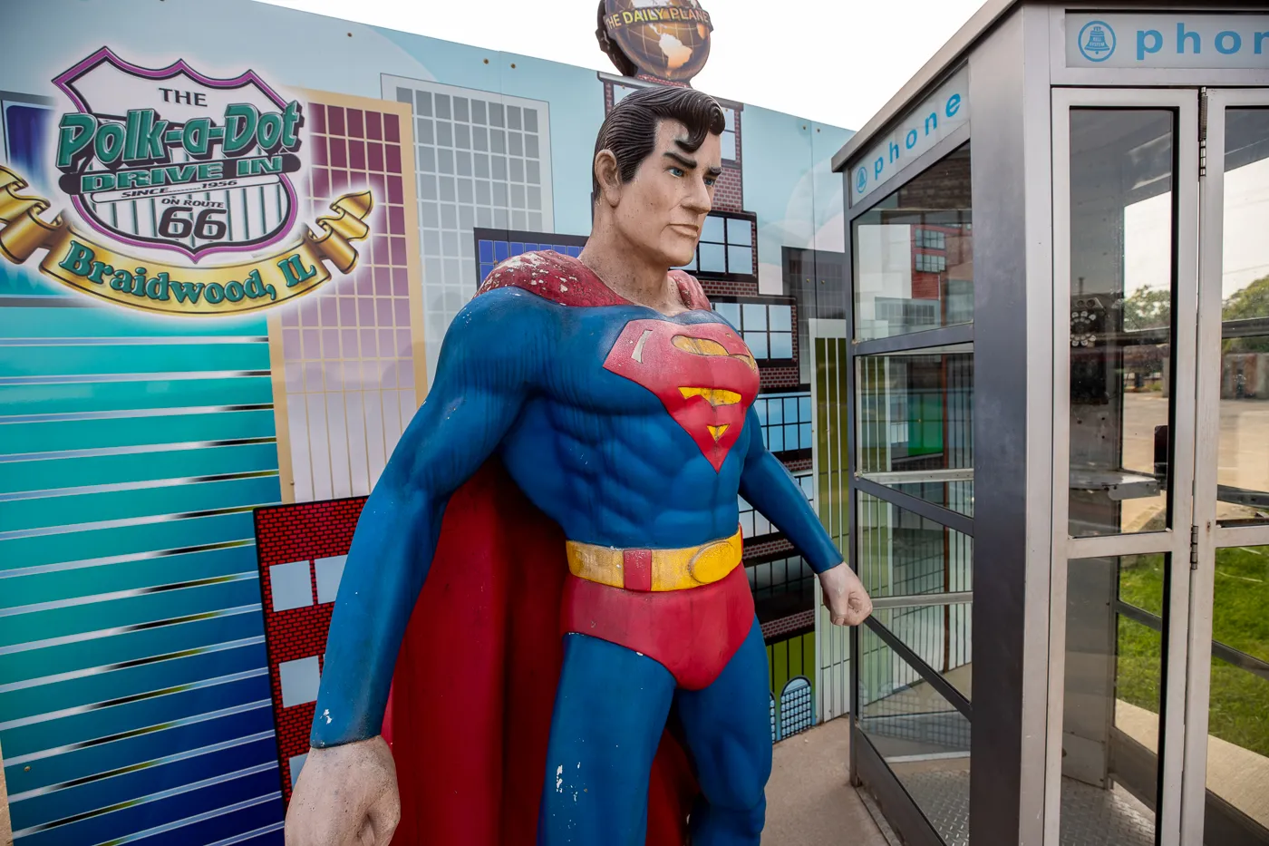 Superman and phone booth photo op at  the Route 66 Polk-a-Dot Drive In in Braidwood, Illinois