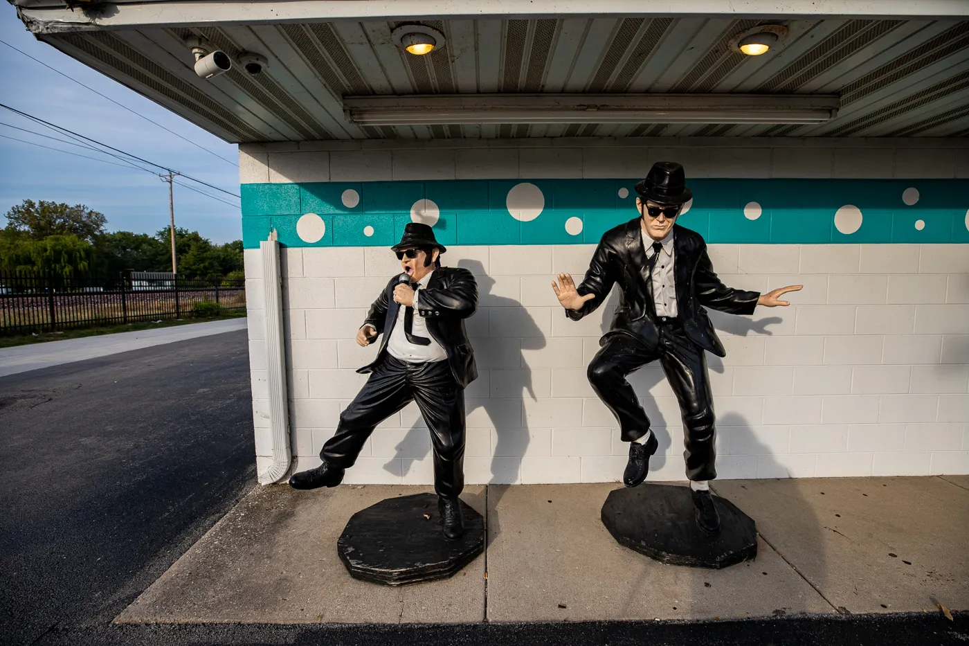 The Blues Brothers statue photo op at the Route 66 Polk-a-Dot Drive In in Braidwood, Illinois