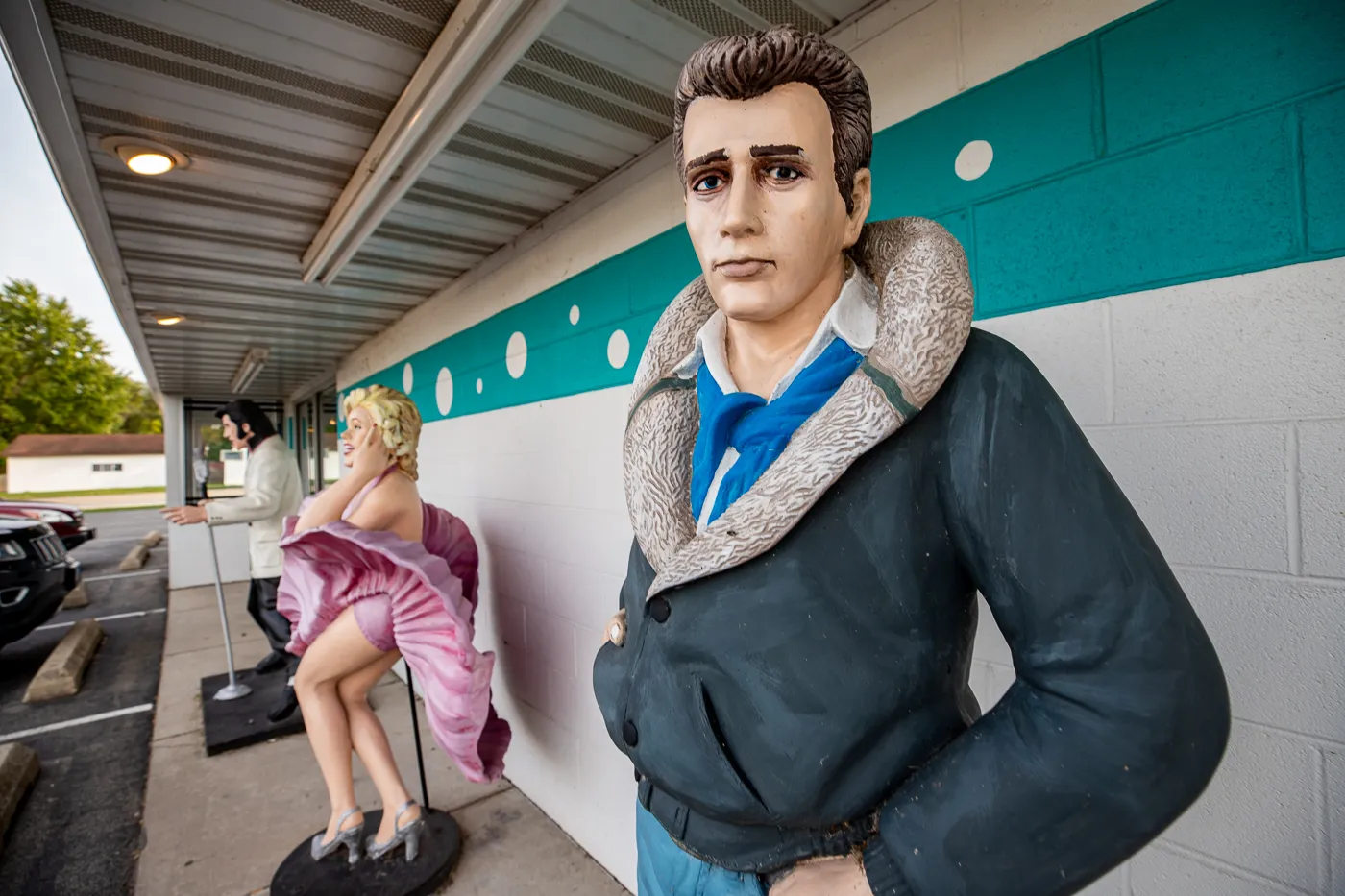 James Dean statue photo op at the Route 66 Polk-a-Dot Drive In in Braidwood, Illinois