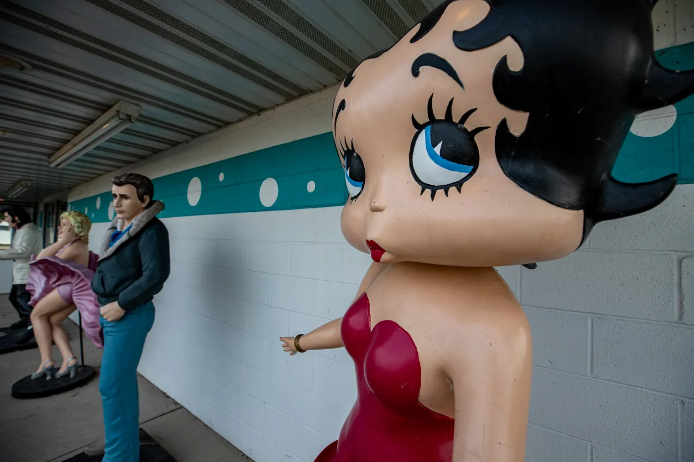 Betty Boop statue photo op at the Route 66 Polk-a-Dot Drive In in Braidwood, Illinois