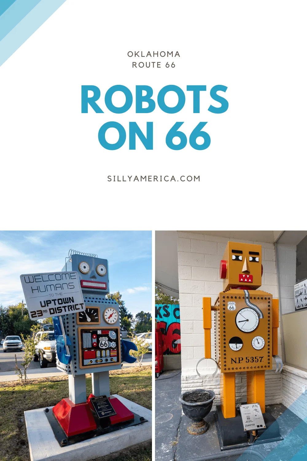 Robots on 66 is a new initiative kickstarted by the founder of Buck Atom’s Cosmic Curios in Tulsa, Oklahoma. The project aims to add fun robot statues to popular Oklahoma Route 66 attractions as a lead up to the Route 66 centennial in 2026. Find two of these Route 66 roadside attractions in Oklahoma.  #RoadTrips #RoadTripStop #Route66 #Route66RoadTrip #OklahomaRoute66 #Oklahoma #OklahomaRoadTrip #OklahomaRoadsideAttractions #RoadsideAttractions #RoadsideAttraction #RoadsideAmerica #RoadTrip