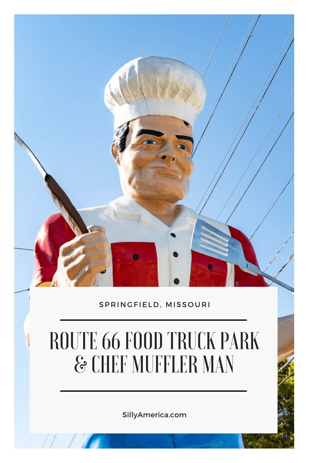 The Route 66 Food Truck Park opened in February, 2020 and features food trucks with a variety of different cuisines, a full-service bar, and a giant muffler man out front. Visit this Springfield, Missouri food truck park on a Route 66 road trip and see this fun roadside attraction.  #RoadTrips #RoadTripStop  #Route66 #Route66RoadTrip #MissouriRoute66 #Missouri #MissouriRoadTrip #MissouriRoadsideAttractions #Missouri #RoadsideAttractions #RoadsideAttraction #RoadsideAmerica #RoadTrip