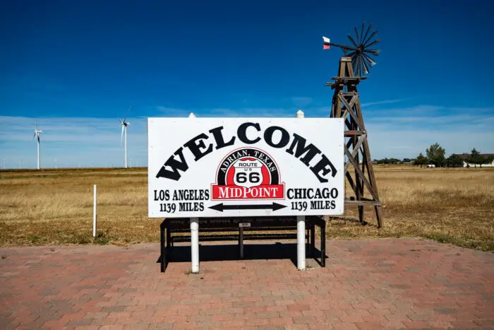 Route 66 Midpoint sign in Adrian, Texas