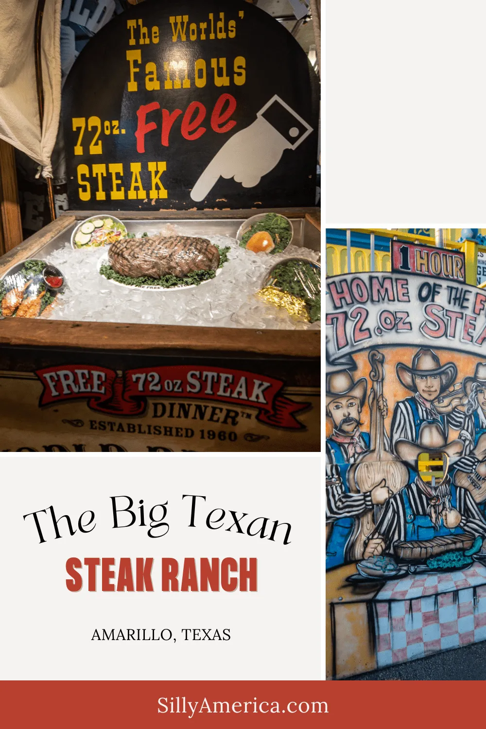 Could you eat a 72oz steak in one hour? I’m not sure I could eat a 72 ounce steak in 72 hours. But that’s just me. Because over 10,000 people have come, eaten, and conquered this meal that’s as big as Texas here at The Big Texan Steak Ranch in Amarillo, Texas: the 72 oz. Steak Challenge.  #RoadTrips #RoadTripStop #Route66 #Route66RoadTrip #TexasRoute66 #Texas #TexasRoadTrip #TexasRoadsideAttractions #RoadsideAttractions #RoadsideAttraction #RoadsideAmerica #RoadTrip #EatingChallenge