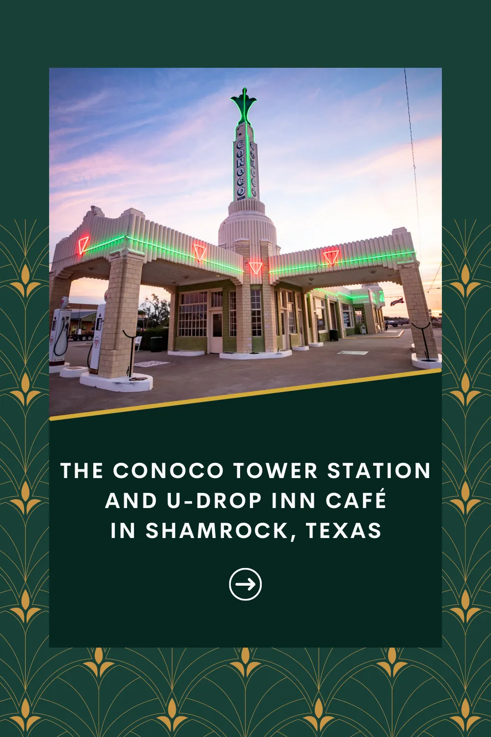 Taking a Route 66 road trip? Be sure to drop in to this iconic attraction: the Conoco Tower Station and U-Drop Inn Café in Shamrock, Texas. The art deco building is a must see for any travel itinerary for a Texas road trip.  #RoadTrips #RoadTripStop #Route66 #Route66RoadTrip #TexasRoute66 #Texas #TexasRoadTrip #TexasRoadsideAttractions #RoadsideAttractions #RoadsideAttraction #RoadsideAmerica #RoadTrip 