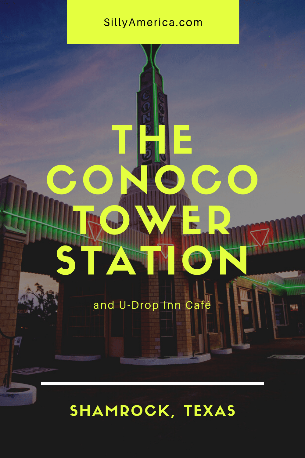 Taking a Route 66 road trip? Be sure to drop in to this iconic attraction: the Conoco Tower Station and U-Drop Inn Café in Shamrock, Texas. The art deco building is a must see for any travel itinerary for a Texas road trip.  #RoadTrips #RoadTripStop #Route66 #Route66RoadTrip #TexasRoute66 #Texas #TexasRoadTrip #TexasRoadsideAttractions #RoadsideAttractions #RoadsideAttraction #RoadsideAmerica #RoadTrip 