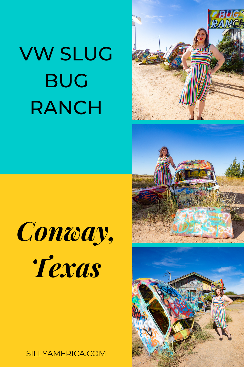 Do you ever play slug bug on long road trips? If so, you might want to protect your arm now. VW Slug Bug Ranch in Conway, Texas is a Route 66 roadside attraction that features several of those elusive bug shaped cars buried nose deep in a row. Add this Texas roadside attraction to your Route 66 itinerary. #RoadTrips #RoadTripStop #Route66 #Route66RoadTrip #TexasRoute66 #Texas #TexasRoadTrip #TexasRoadsideAttractions #RoadsideAttractions #RoadsideAttraction #RoadsideAmerica #RoadTrip 