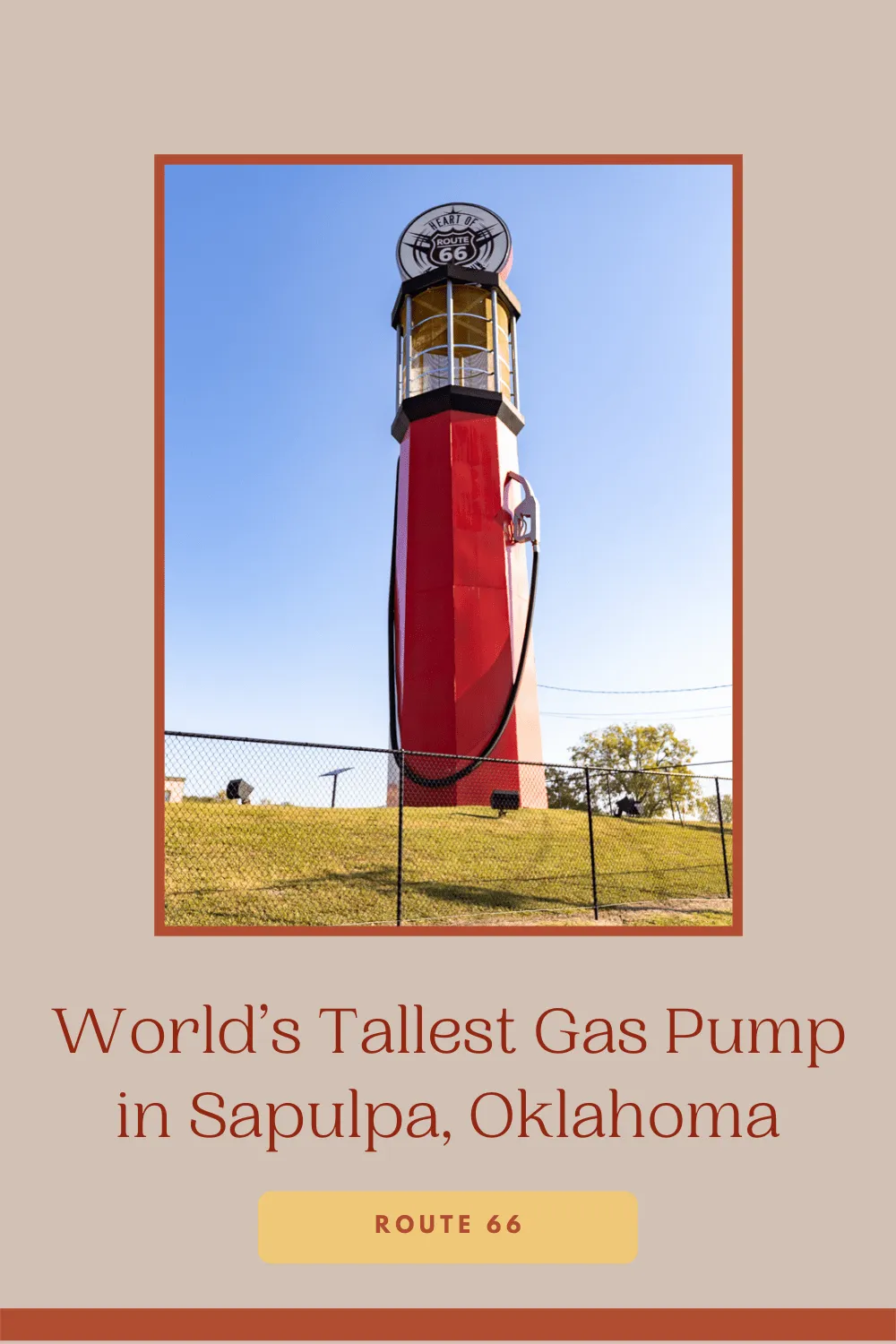 If you’re driving the full length of Route 66, you’re going to need plenty of gas. Maybe even enough to fill this roadside attraction: the World’s Tallest Gas Pump in Sapulpa, Oklahoma. Visit this Route 66 roadside attraction on a road trip to Oklahoma.    #RoadTrips #RoadTripStop #Route66 #Route66RoadTrip #OklahomaRoute66 #Oklahoma #OklahomaRoadTrip #OklahomaRoadsideAttractions #RoadsideAttractions #RoadsideAttraction #RoadsideAmerica #RoadTrip