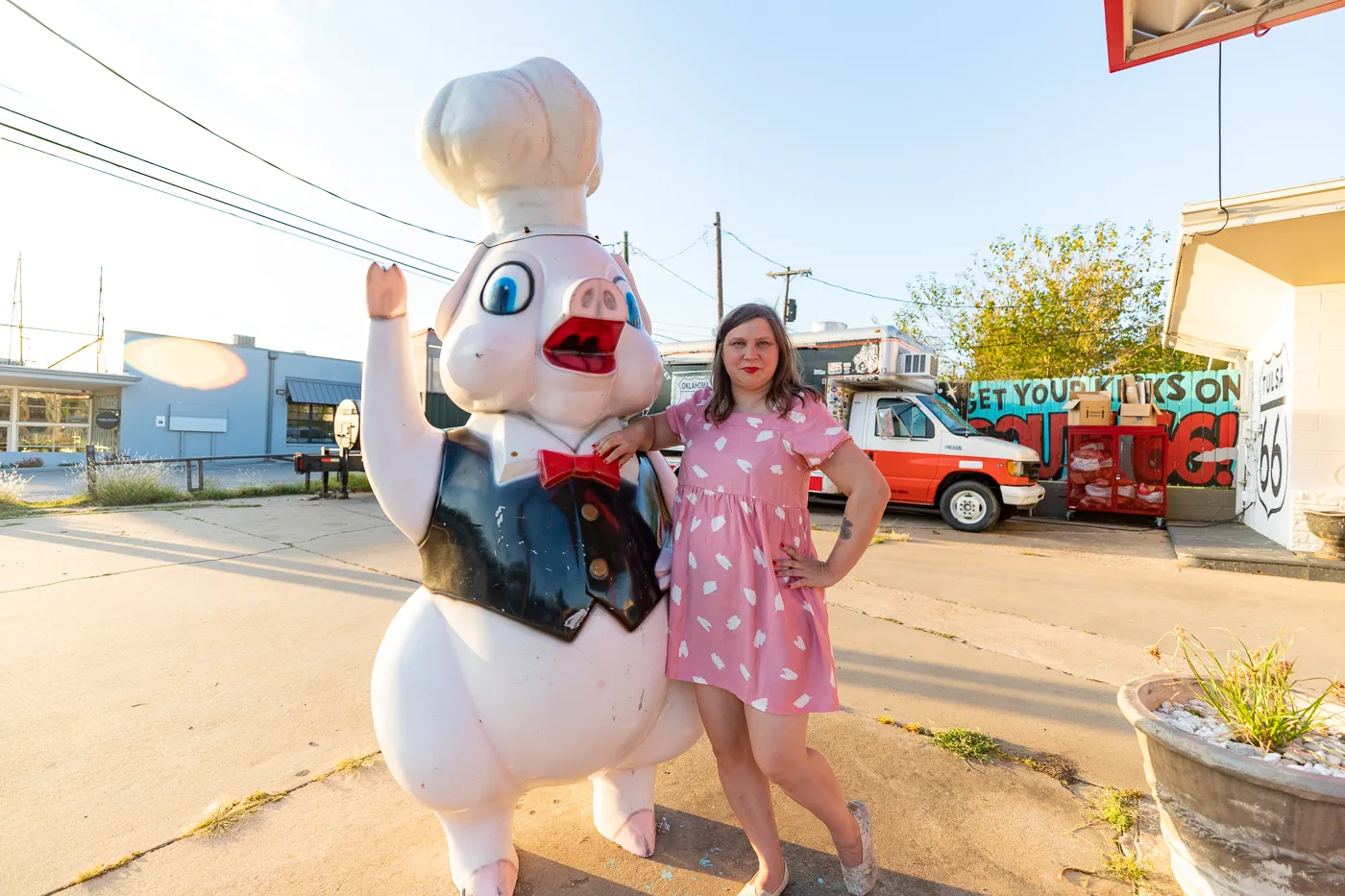 Piggy stardust fiberglass chef pig at Buck Atom's Cosmic Curios on Route 66 in Tulsa, Oklahoma