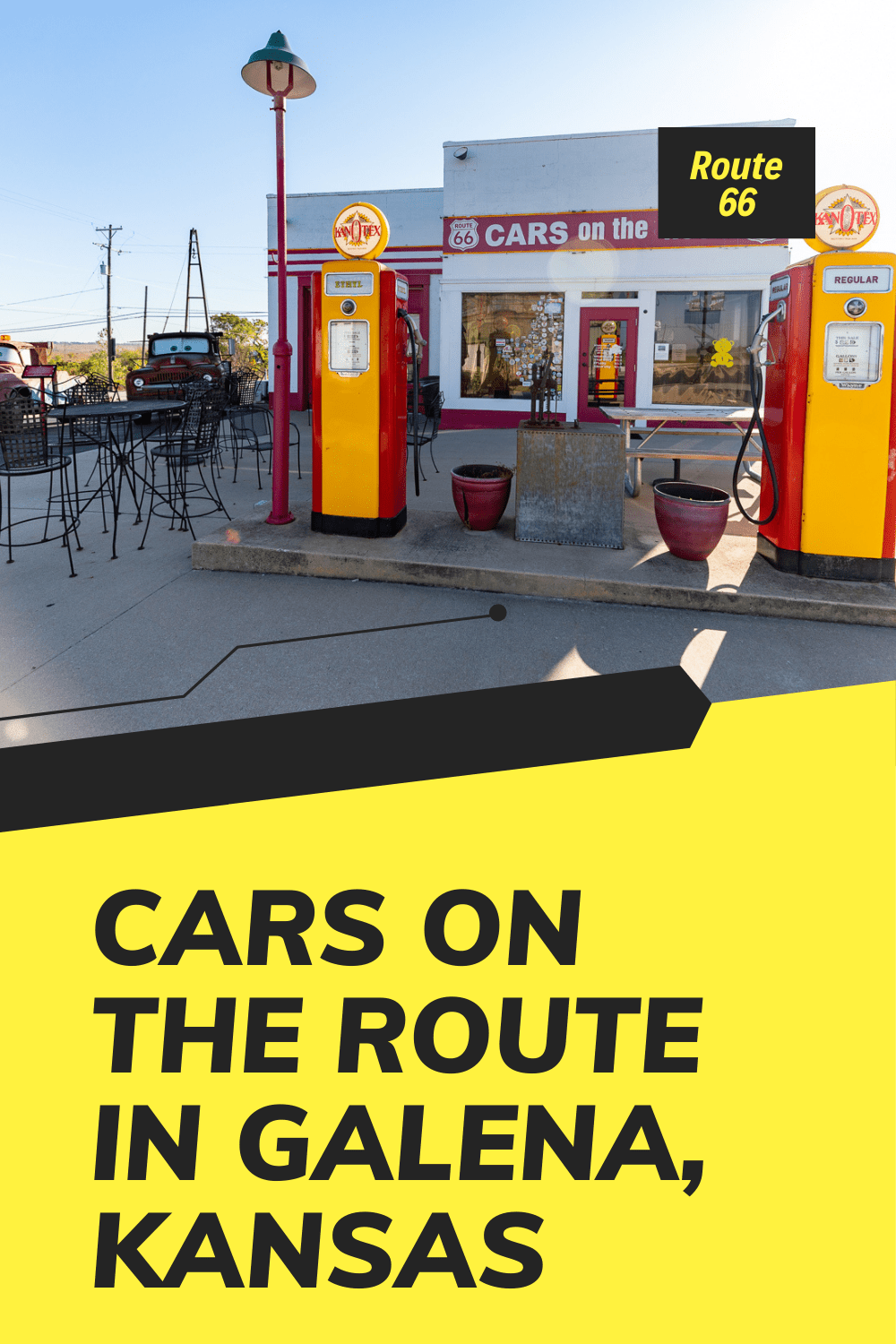 Welcome to Radiator Springs. I mean, Kansas. Galena, Kansas. A town on Route 66 that partially inspired the Disney Pixar movie Cars and where you can meet the character Tow Mater himself at Cars on the Route. Visit this vintage service station roadside attraction a Route 66 road trip through Kansas.  #RoadTrips #RoadTripStop  #Route66 #Route66RoadTrip #KansasRoute66 #Kansas #KansasRoadTrip #KansasRoadsideAttractions #RoadsideAttractions #RoadsideAttraction #RoadsideAmerica #RoadTrip