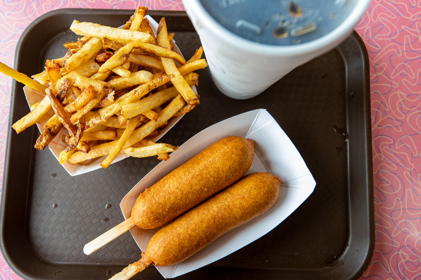 Corn dog and fries at Cozy Dog Drive In in Springfield, Illinois on Route 66